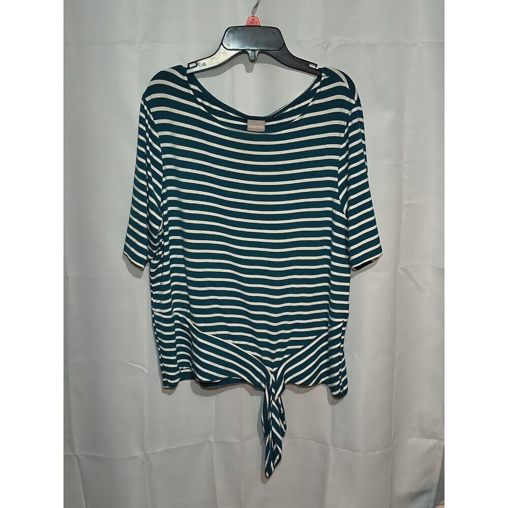 CHICO'S 2 Short Sleeve Tie Front Striped Top Green White Size Large